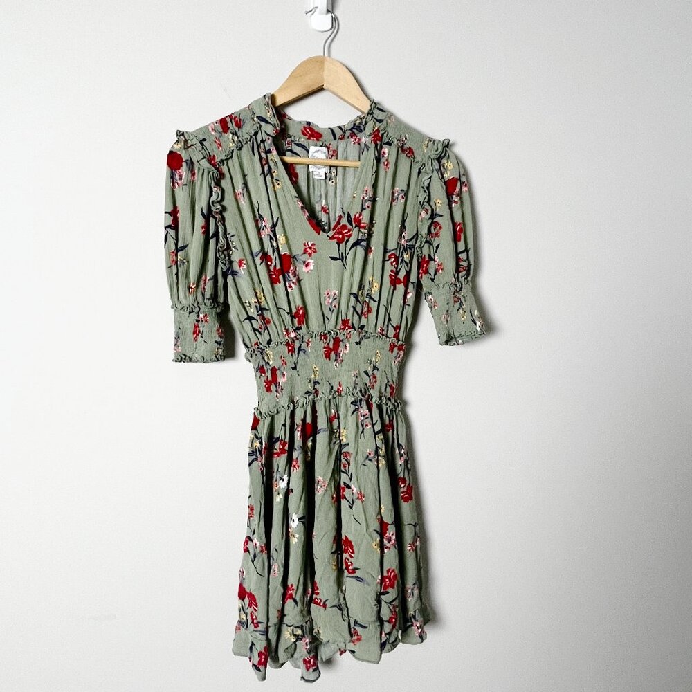2/$30 Blue Rain Smocked Floral Green Peasant Dress Small